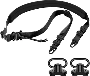 Two Point Traditional Sling Quick Adjust Rifle Sling All Metal Hardware with Wide Padded Shoulder Pad and 2 Pack QD Sling Mount Black