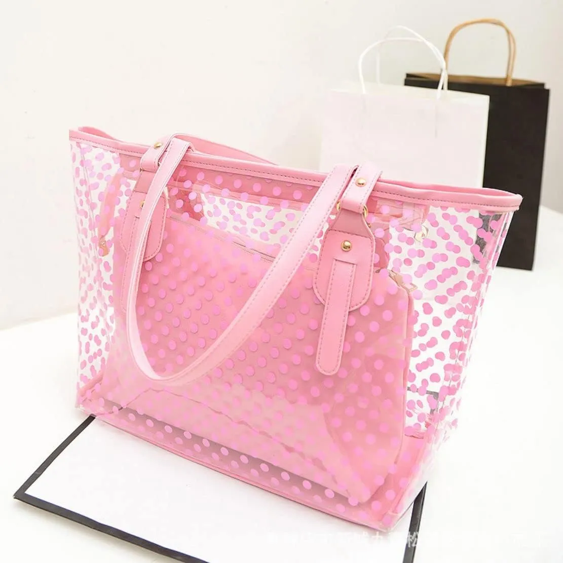 Ulalaza Large Candy Polka Color Clear Shoulder Bag 2 IN 1 Beach Totes Transparent Handbags With Interior Pocket For Women