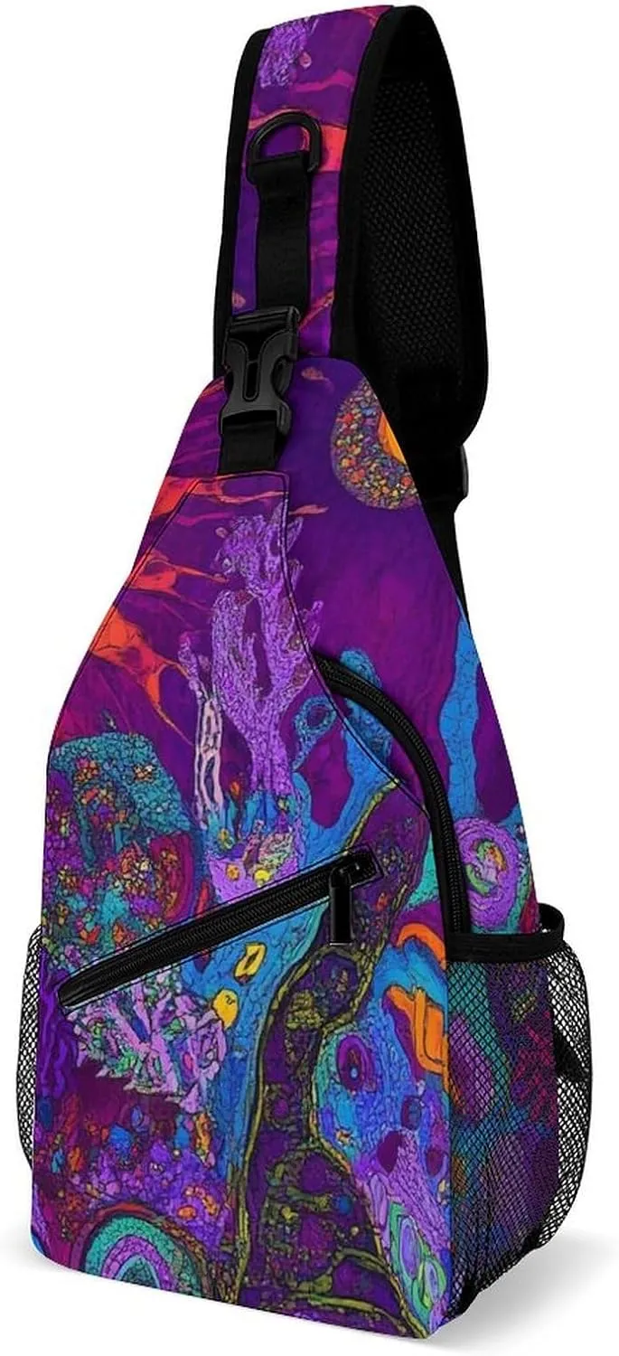 Ultra Lightweight Sling Bag Backpack Chest Day Bag Multipurpose Anti-Theft Backpacking for Outdoor Cycling Hiking Travel, Tool Backpack (Colorful Trippy Sun Mushroom)