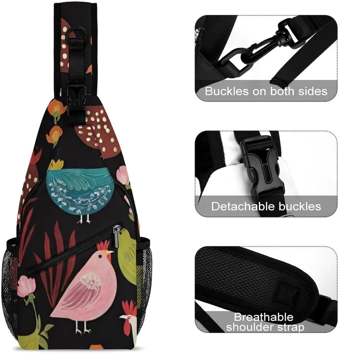 Ultra Lightweight Sling Bag Backpack Crossbody Chest Rucksack Anti-Theft Multipurpose Bag for Bicycle Sport Hiking Travel Camping, Cluck! Cluck Chicken Art