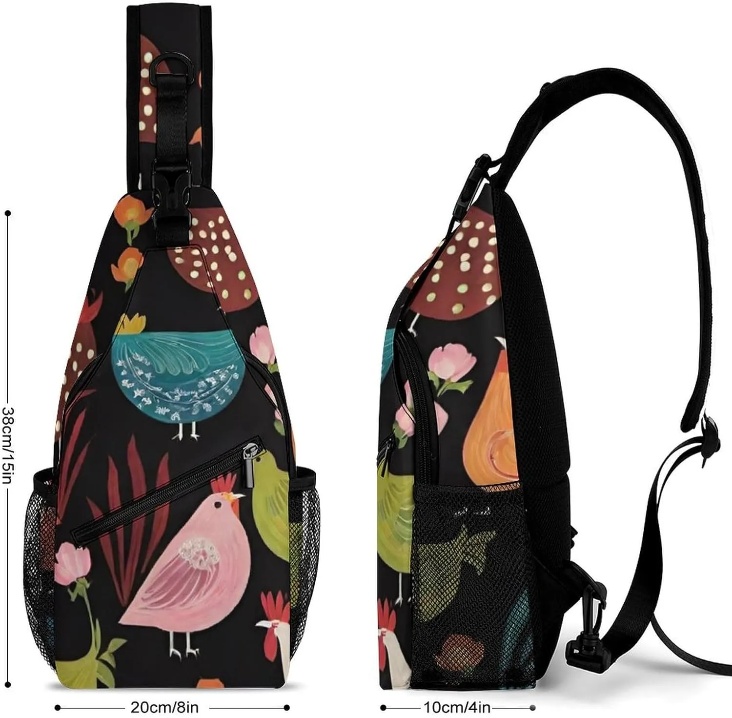 Ultra Lightweight Sling Bag Backpack Crossbody Chest Rucksack Anti-Theft Multipurpose Bag for Bicycle Sport Hiking Travel Camping, Cluck! Cluck Chicken Art