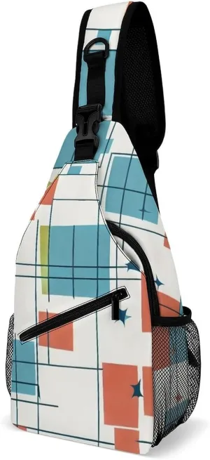Ultra Lightweight Sling Shoulder Backpack Shoulder Chest Crossbody Bag Multipurpose Anti-Theft Daypack for Hiking Cycling Camping Travel, Abstract Mid Century Modern Grid Art Bookbag