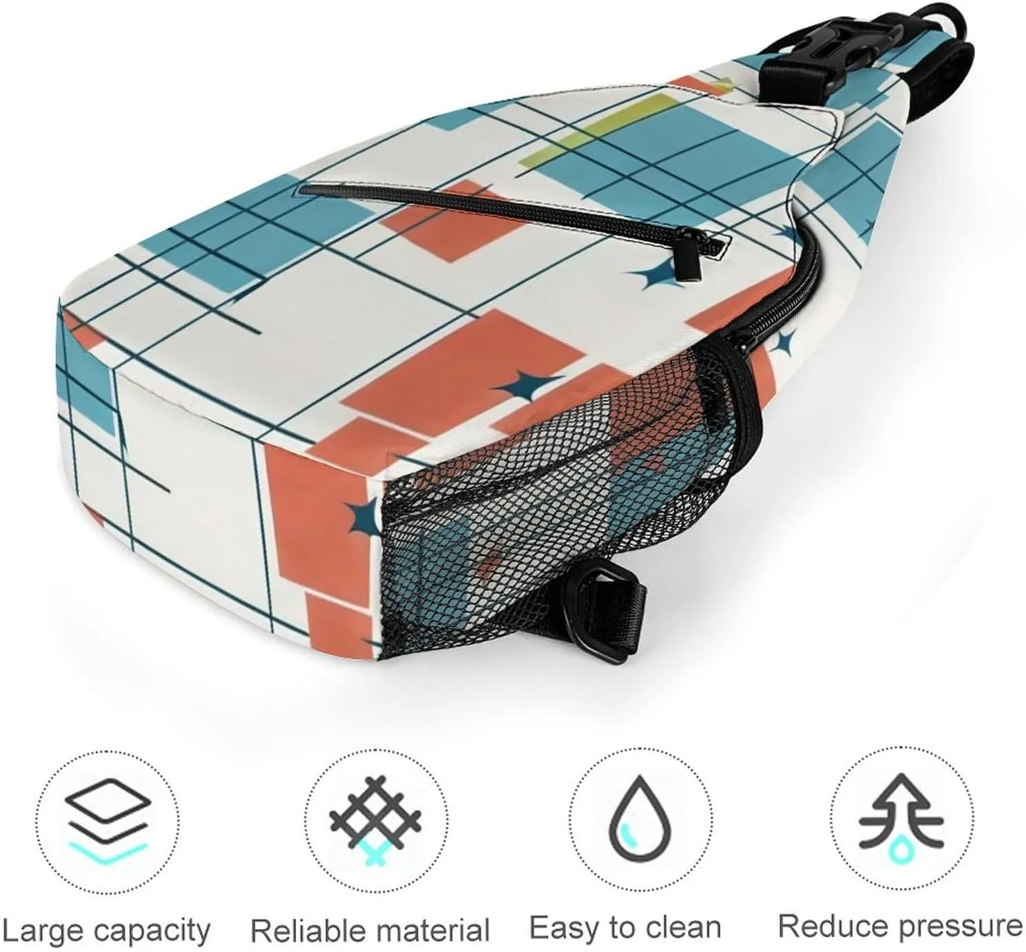 Ultra Lightweight Sling Shoulder Backpack Shoulder Chest Crossbody Bag Multipurpose Anti-Theft Daypack for Hiking Cycling Camping Travel, Abstract Mid Century Modern Grid Art Bookbag