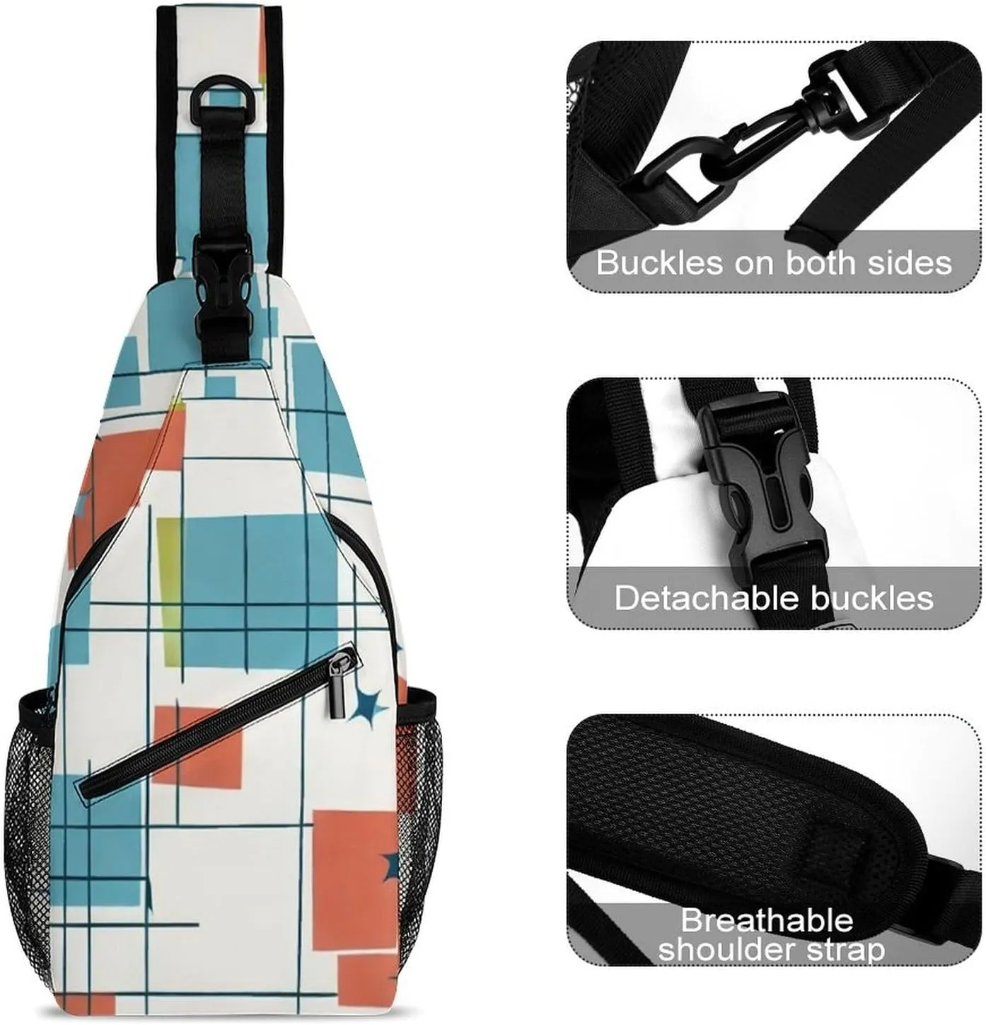 Ultra Lightweight Sling Shoulder Backpack Shoulder Chest Crossbody Bag Multipurpose Anti-Theft Daypack for Hiking Cycling Camping Travel, Abstract Mid Century Modern Grid Art Bookbag