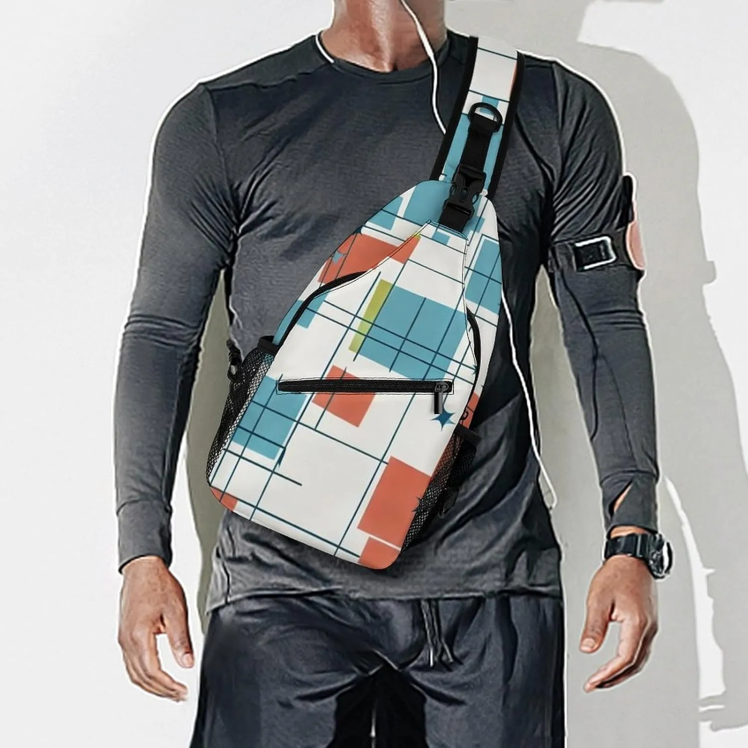 Ultra Lightweight Sling Shoulder Backpack Shoulder Chest Crossbody Bag Multipurpose Anti-Theft Daypack for Hiking Cycling Camping Travel, Abstract Mid Century Modern Grid Art Bookbag