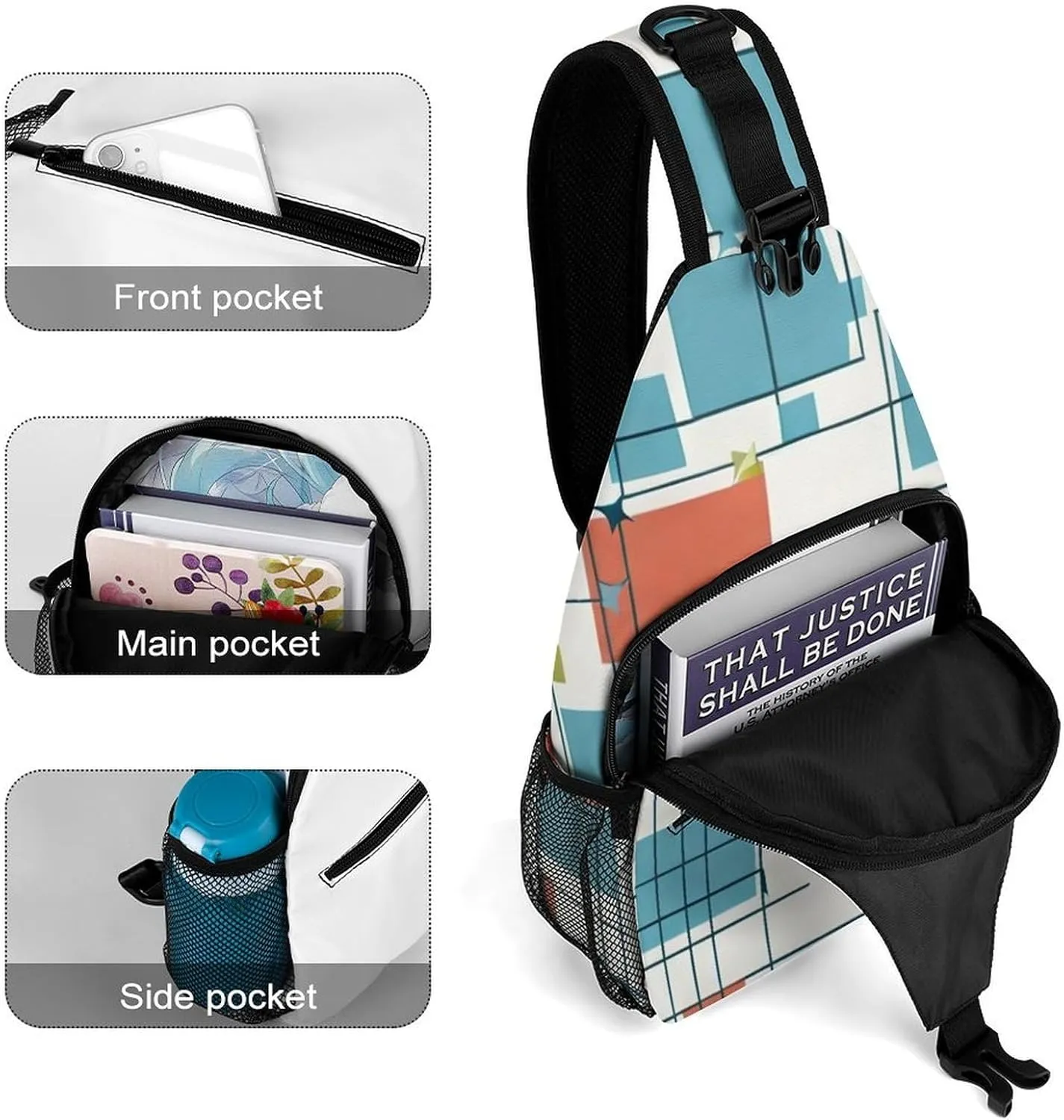 Ultra Lightweight Sling Shoulder Backpack Shoulder Chest Crossbody Bag Multipurpose Anti-Theft Daypack for Hiking Cycling Camping Travel, Abstract Mid Century Modern Grid Art Bookbag
