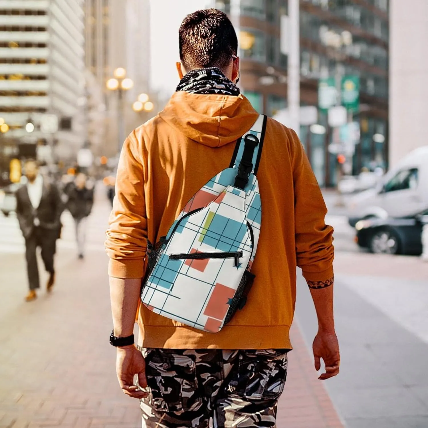 Ultra Lightweight Sling Shoulder Backpack Shoulder Chest Crossbody Bag Multipurpose Anti-Theft Daypack for Hiking Cycling Camping Travel, Abstract Mid Century Modern Grid Art Bookbag