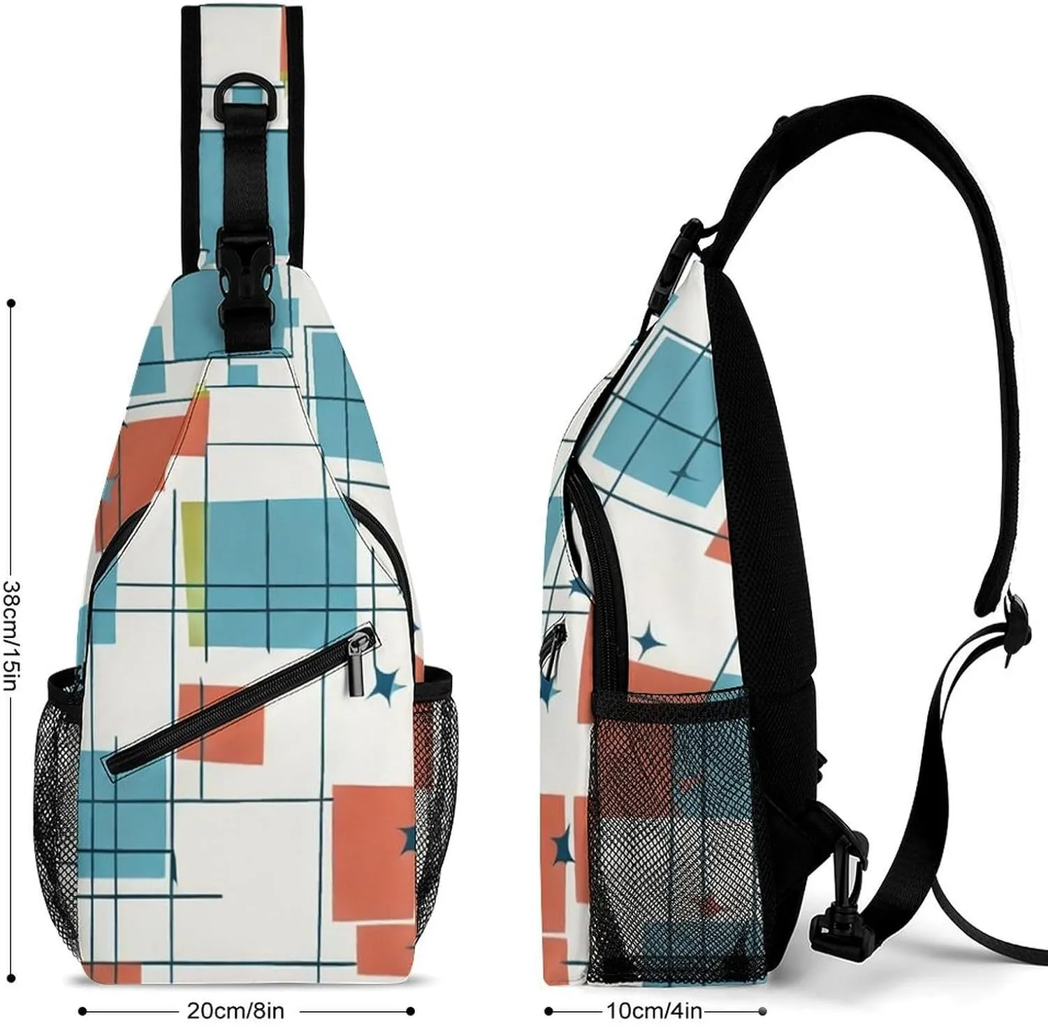 Ultra Lightweight Sling Shoulder Backpack Shoulder Chest Crossbody Bag Multipurpose Anti-Theft Daypack for Hiking Cycling Camping Travel, Abstract Mid Century Modern Grid Art Bookbag