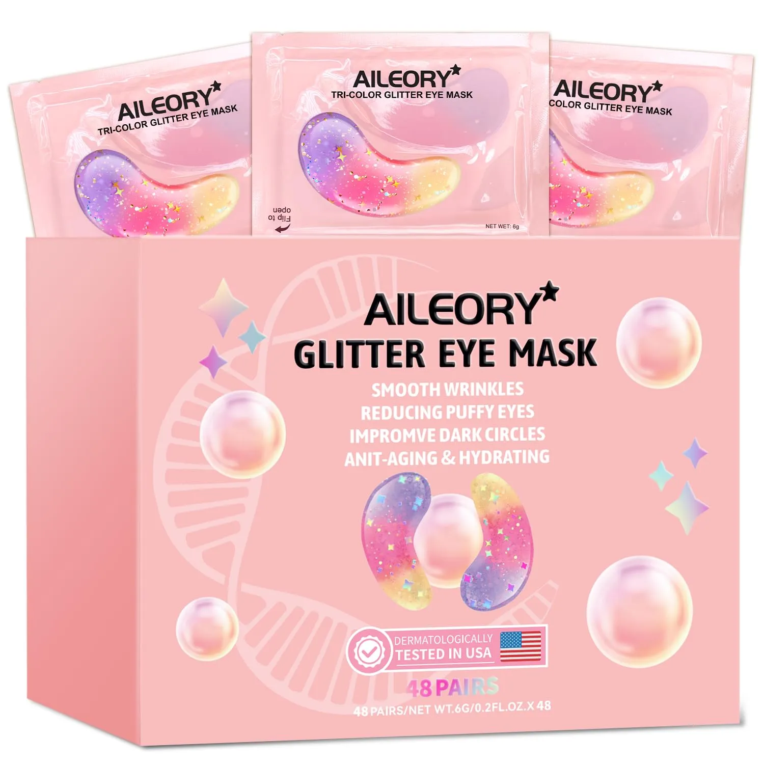 Under Eye Patches (48 Pairs) - New Tri-color Glitter Eye Gel Pads for Dark Circles Puffy Eyes,Under eye Bags,Wrinkles|Natural Collagen Under Eye Mask Patches, Gel Under Eye Patches