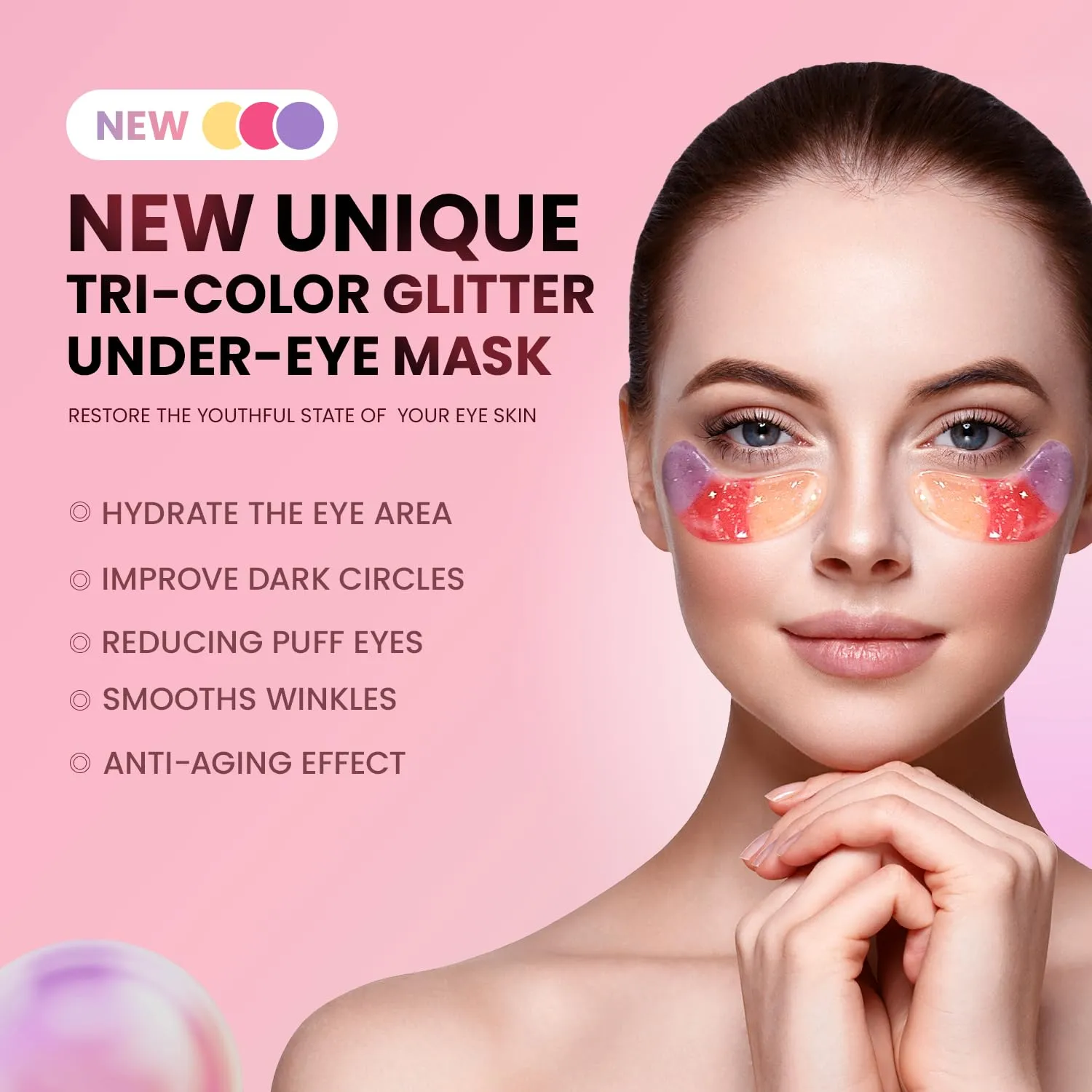 Under Eye Patches (48 Pairs) - New Tri-color Glitter Eye Gel Pads for Dark Circles Puffy Eyes,Under eye Bags,Wrinkles|Natural Collagen Under Eye Mask Patches, Gel Under Eye Patches