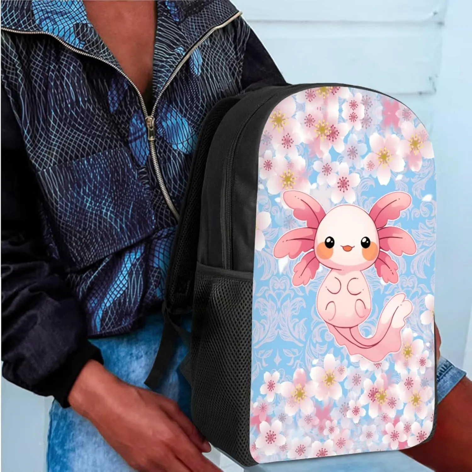 Uourmeti Cherry Blossom Axolotl High School Backpack for Teen Girls 12-14 Kids Elementary Schoolbag and Lunch Bag Set 17 Inch Bookbags with Lunch Box Pencil Case Book Bags Travel Rucksack