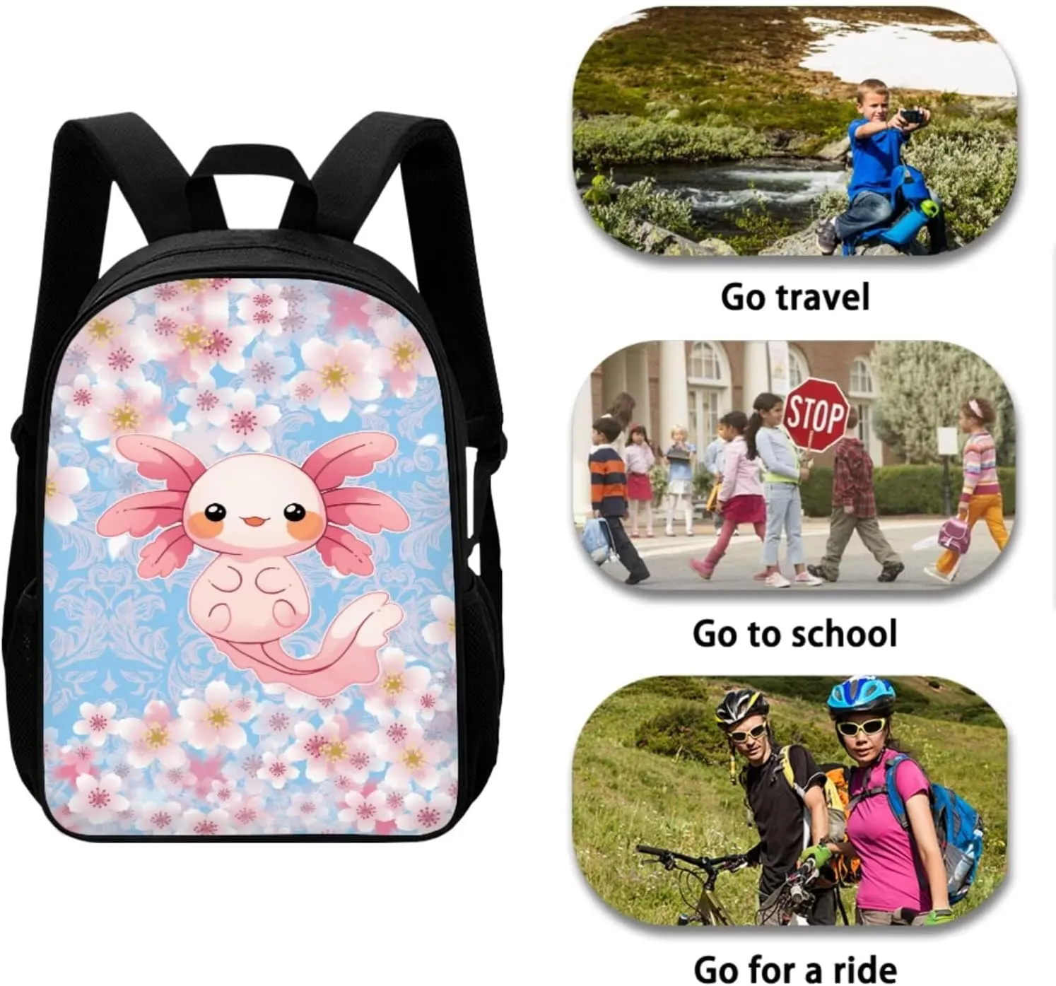 Uourmeti Cherry Blossom Axolotl High School Backpack for Teen Girls 12-14 Kids Elementary Schoolbag and Lunch Bag Set 17 Inch Bookbags with Lunch Box Pencil Case Book Bags Travel Rucksack