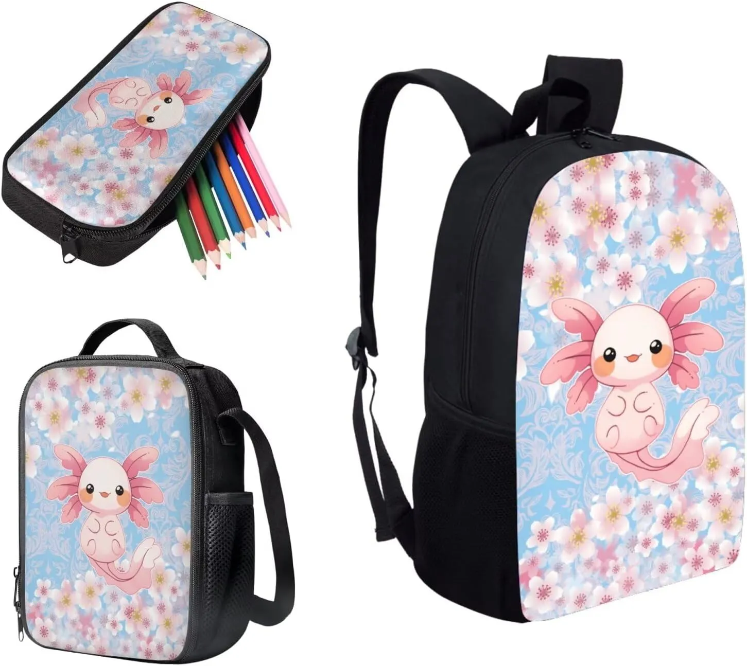 Uourmeti Cherry Blossom Axolotl High School Backpack for Teen Girls 12-14 Kids Elementary Schoolbag and Lunch Bag Set 17 Inch Bookbags with Lunch Box Pencil Case Book Bags Travel Rucksack