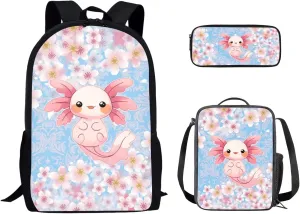 Uourmeti Cherry Blossom Axolotl High School Backpack for Teen Girls 12-14 Kids Elementary Schoolbag and Lunch Bag Set 17 Inch Bookbags with Lunch Box Pencil Case Book Bags Travel Rucksack