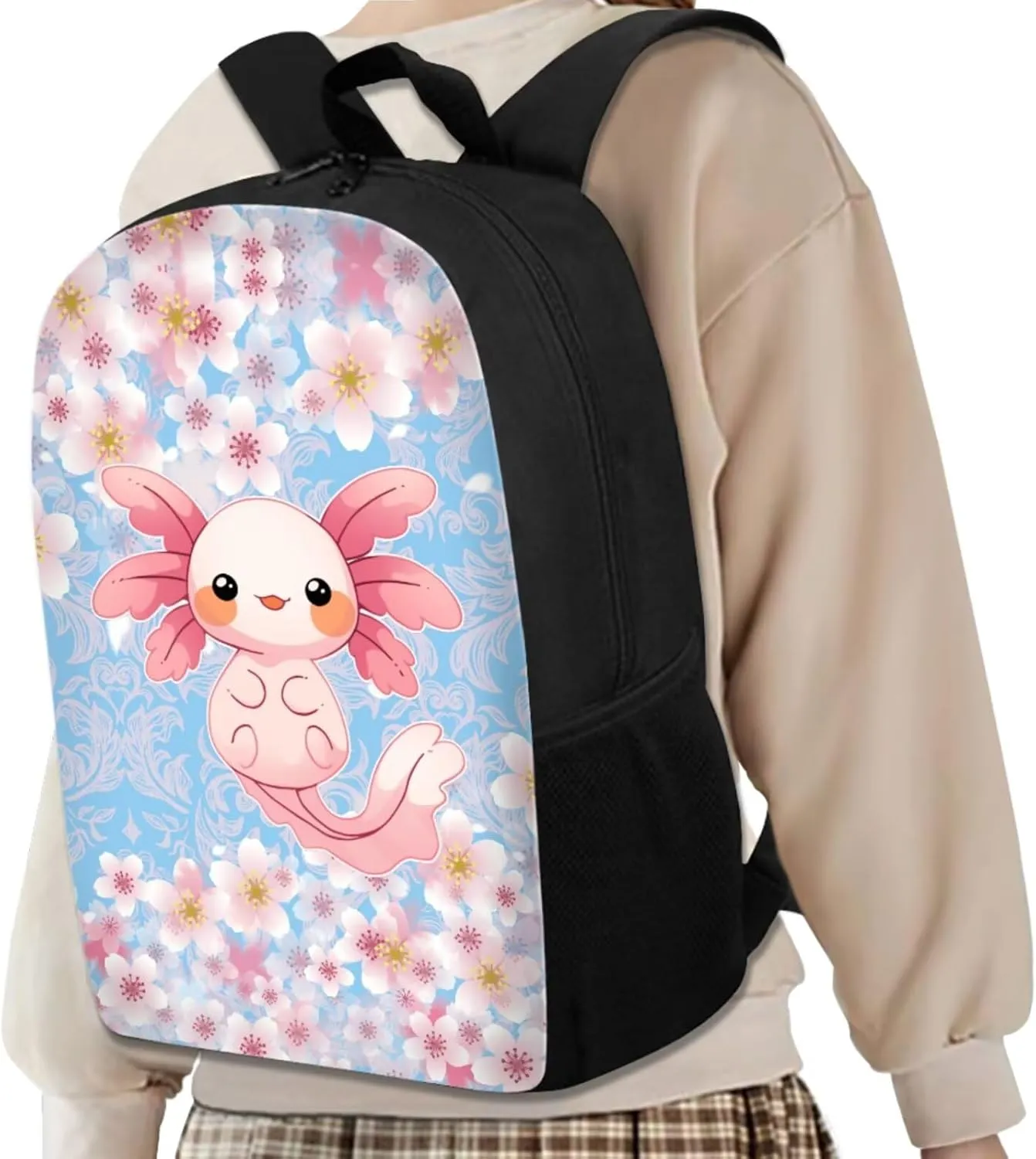 Uourmeti Cherry Blossom Axolotl High School Backpack for Teen Girls 12-14 Kids Elementary Schoolbag and Lunch Bag Set 17 Inch Bookbags with Lunch Box Pencil Case Book Bags Travel Rucksack