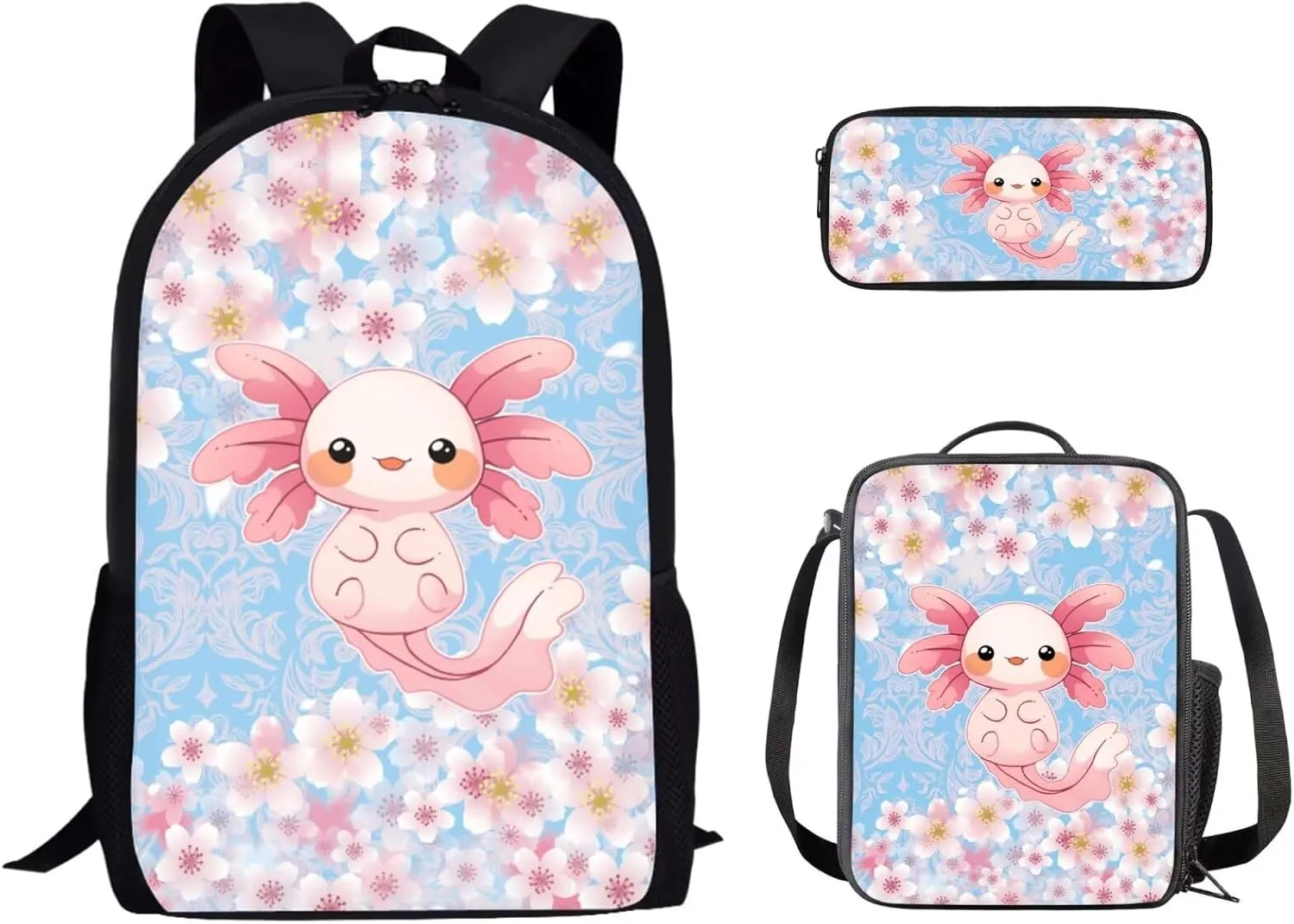 Uourmeti Cherry Blossom Axolotl High School Backpack for Teen Girls 12-14 Kids Elementary Schoolbag and Lunch Bag Set 17 Inch Bookbags with Lunch Box Pencil Case Book Bags Travel Rucksack
