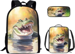 Uourmeti Crocodile Girls Preschool Backpacks with Lunch Box for Toddler 3-5 Elementary School Bookbags Kids Pencil Cases for School Kindergarten School Bag Pack 10-12 Insulated Lunchbox
