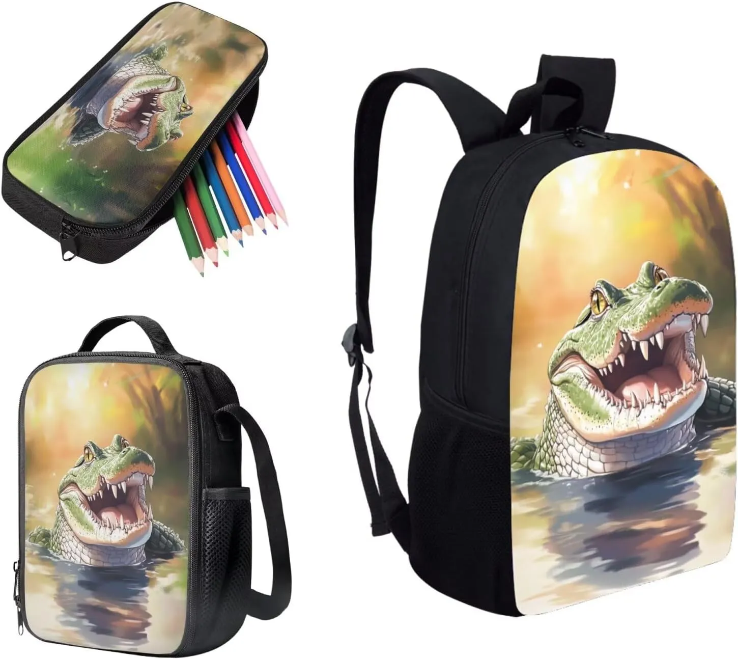 Uourmeti Crocodile Girls Preschool Backpacks with Lunch Box for Toddler 3-5 Elementary School Bookbags Kids Pencil Cases for School Kindergarten School Bag Pack 10-12 Insulated Lunchbox