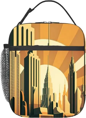Urban cityscape skyscrapers retro modern vintage art Insulated Iunch Bag for Men Woman Large Portable Waterproof Reusable Thermal Lunch Box with Pockets for Work Travel Picnic
