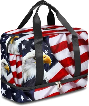 USA Flag Bald Eagle Sports Gym Bag with Shoes Compartment,American Flag 4Th Of July Travel Duffel Bag for Men Women Boys Girls Teens Overnight Weekend Yoga Workout Bag Training Handbag