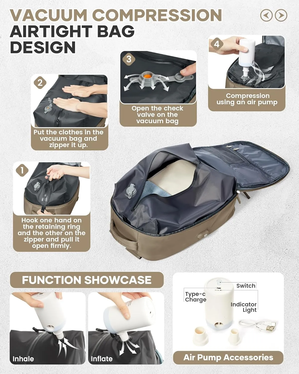 Vacuum Seal Backpack for Travel with Air Pump Vacpack Airback Carry on Flight Approved Compression Daypack Laptop Space Saver Bags Storage with Vacuum System 18x14x8 inches Travel Bag Women Men Khaki