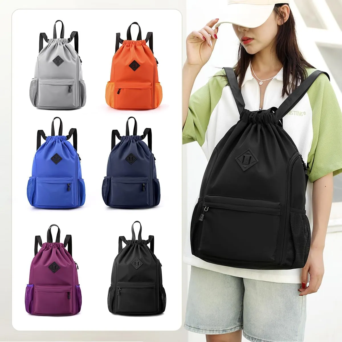 Valleycomfy Waterproof Drawstring Gym Backpack Bag for Men & Women,Sports Gym Bag with Side Pocket Dark Blue