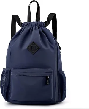 Valleycomfy Waterproof Drawstring Gym Backpack Bag for Men & Women,Sports Gym Bag with Side Pocket Dark Blue