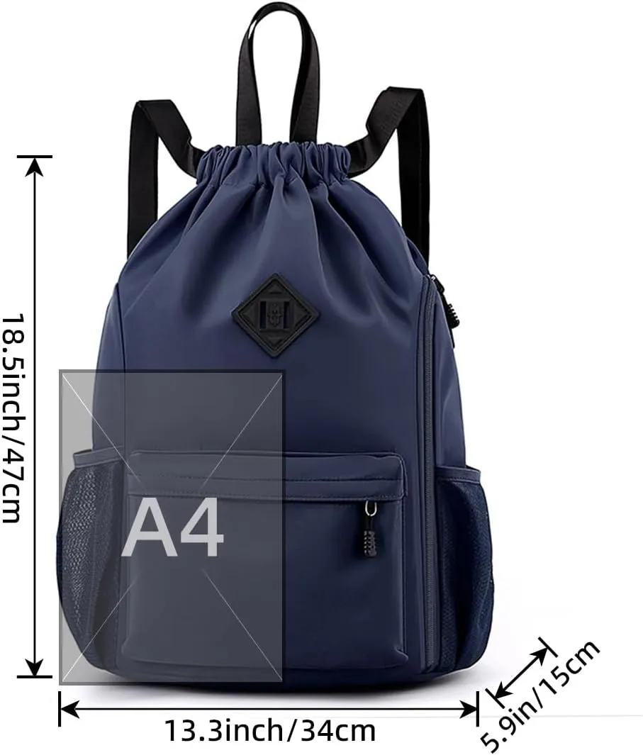 Valleycomfy Waterproof Drawstring Gym Backpack Bag for Men & Women,Sports Gym Bag with Side Pocket Dark Blue