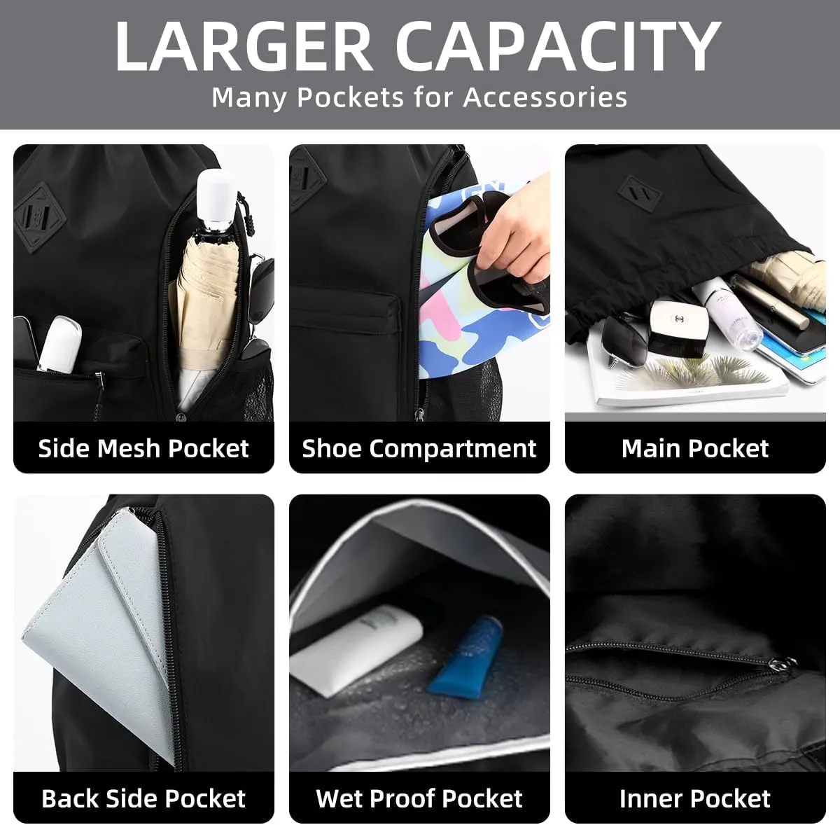 Valleycomfy Waterproof Drawstring Gym Backpack Bag for Men & Women,Sports Gym Bag with Side Pocket Dark Blue