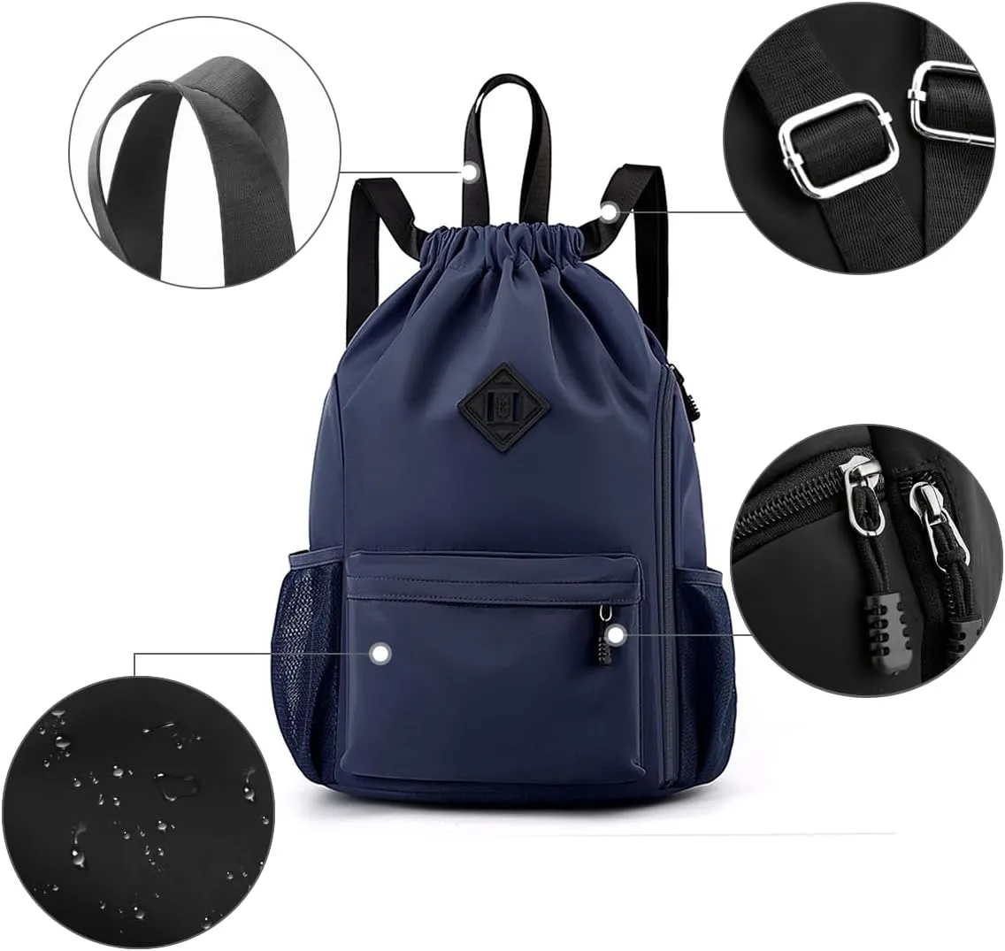 Valleycomfy Waterproof Drawstring Gym Backpack Bag for Men & Women,Sports Gym Bag with Side Pocket Dark Blue