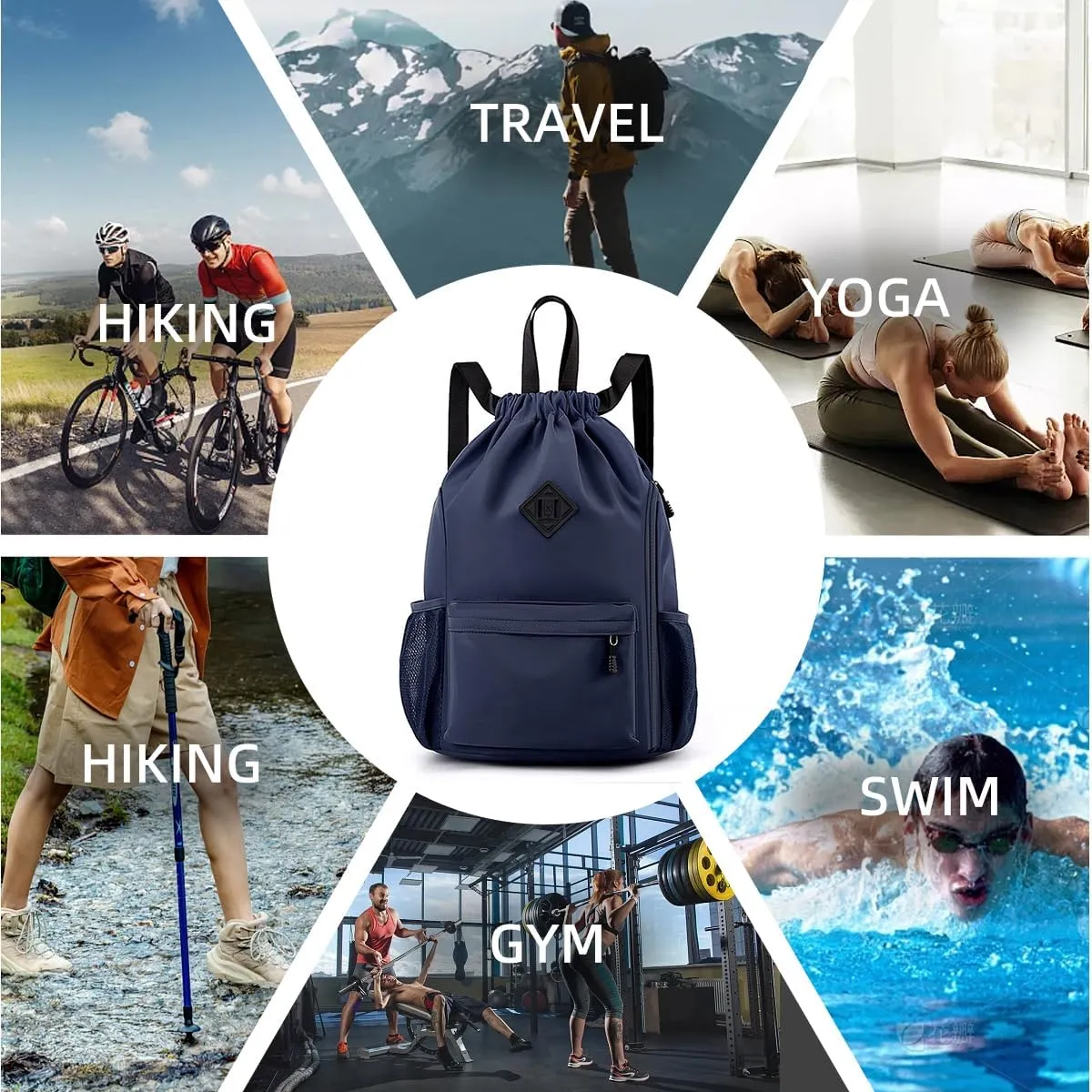 Valleycomfy Waterproof Drawstring Gym Backpack Bag for Men & Women,Sports Gym Bag with Side Pocket Dark Blue