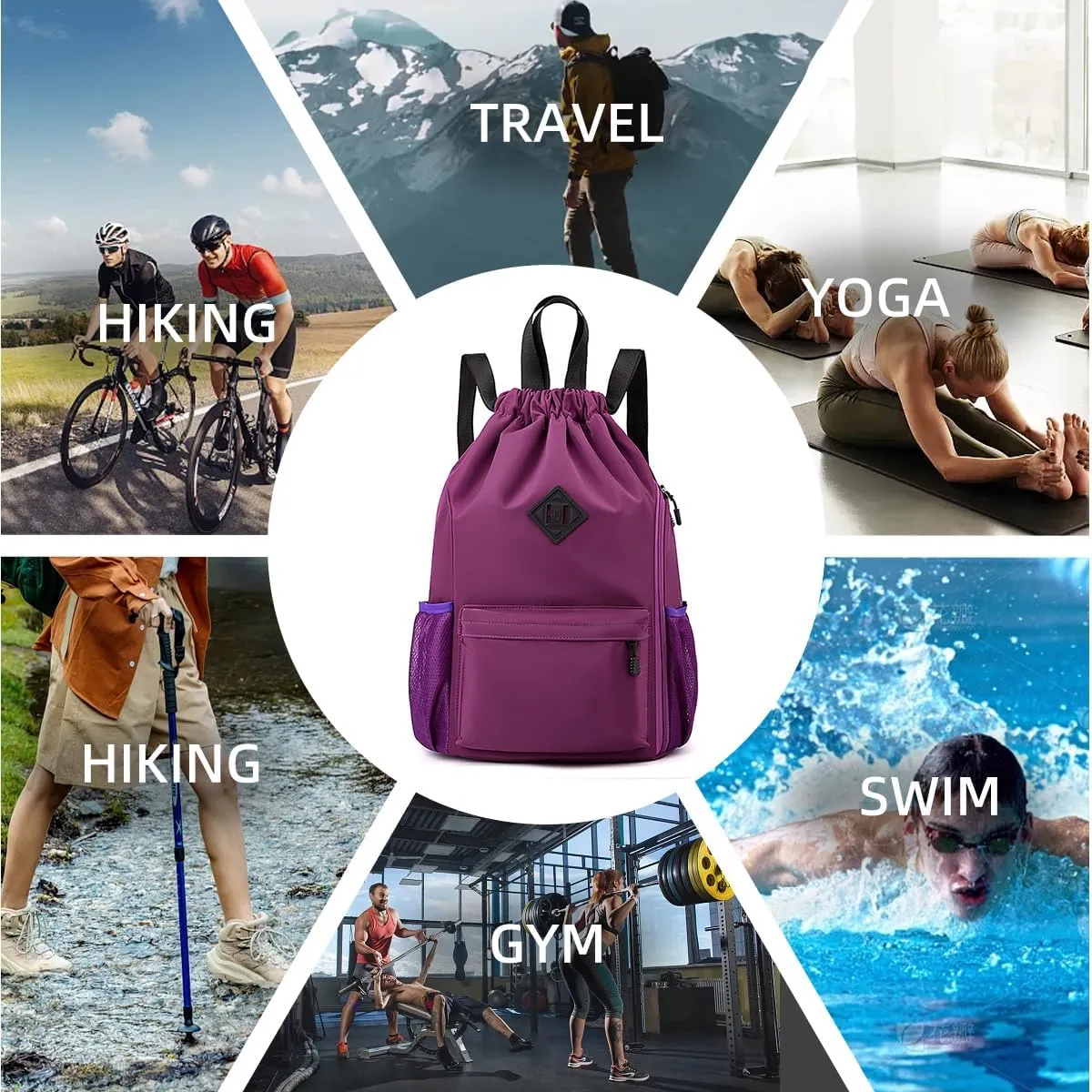 Valleycomfy Waterproof Drawstring Gym Backpack Bag for Men & Women,Sports Gym Bag with Side Pocket Purple