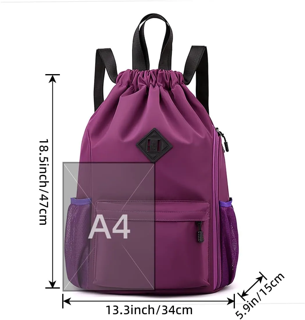 Valleycomfy Waterproof Drawstring Gym Backpack Bag for Men & Women,Sports Gym Bag with Side Pocket Purple