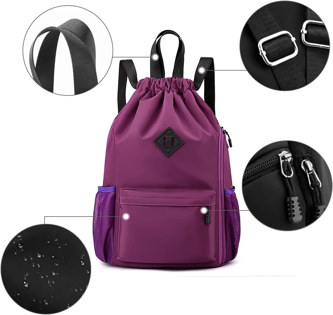 Valleycomfy Waterproof Drawstring Gym Backpack Bag for Men & Women,Sports Gym Bag with Side Pocket Purple