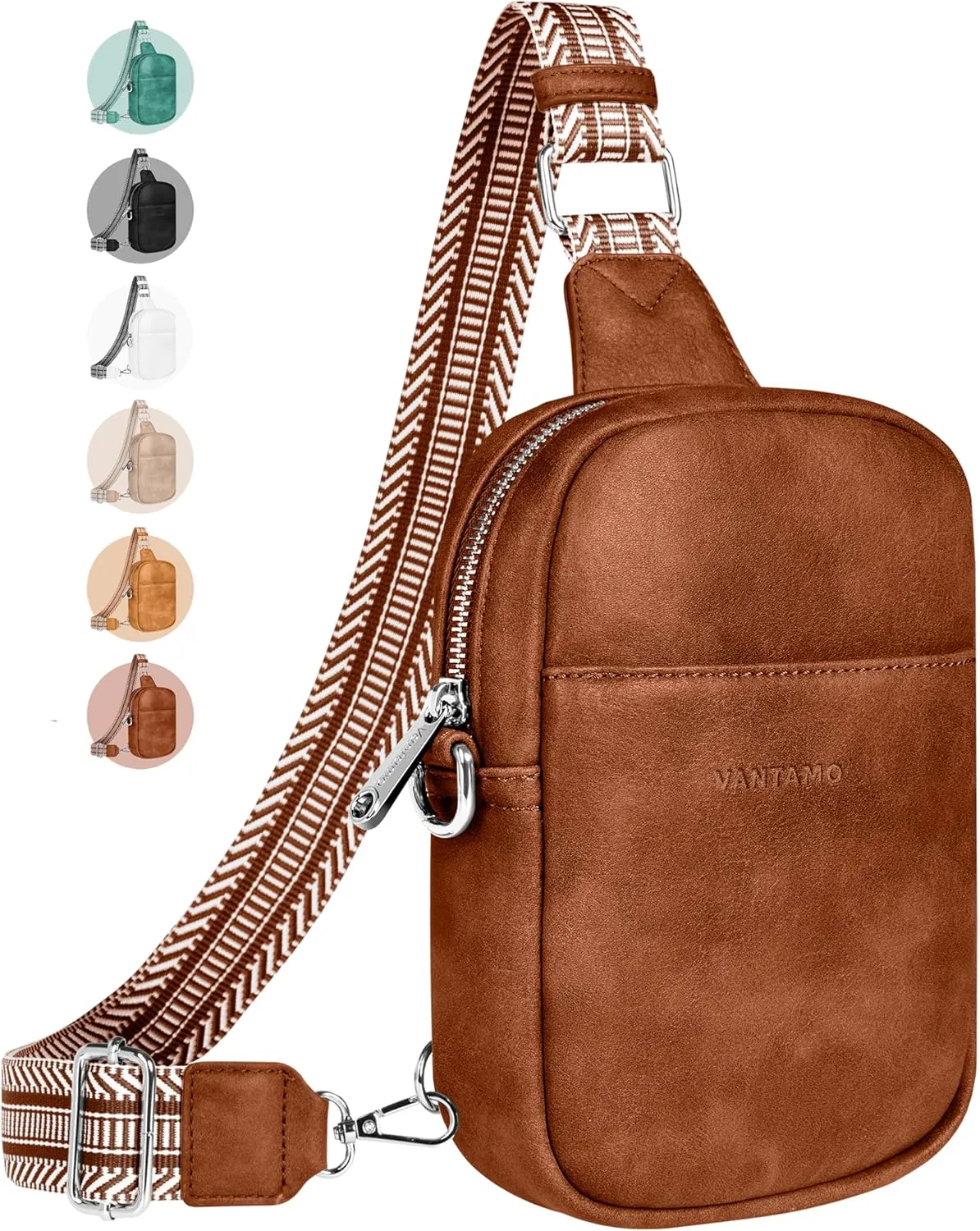 Vantamo Sling Bag for Women 29"-52" Adjustable Strap, Extra Safe Cross Body Bags for Women with RFID & Anti-Pickpocket Clip, PU Leather Fanny Pack with Gift Box, Bronze Crossbody Bag