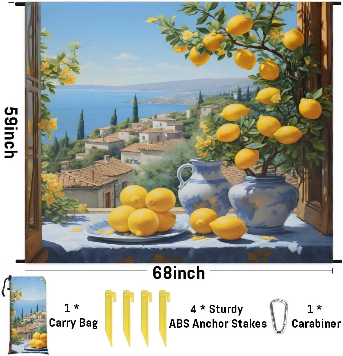 Vase Lemon Beach Blanket, Sandproof Beach Mat, 68 x 59 Waterproof Quick Drying Sand Free Mat with 4 x Ground Spikes for Outdoor Travel Camping Hiking, Spring Lemon