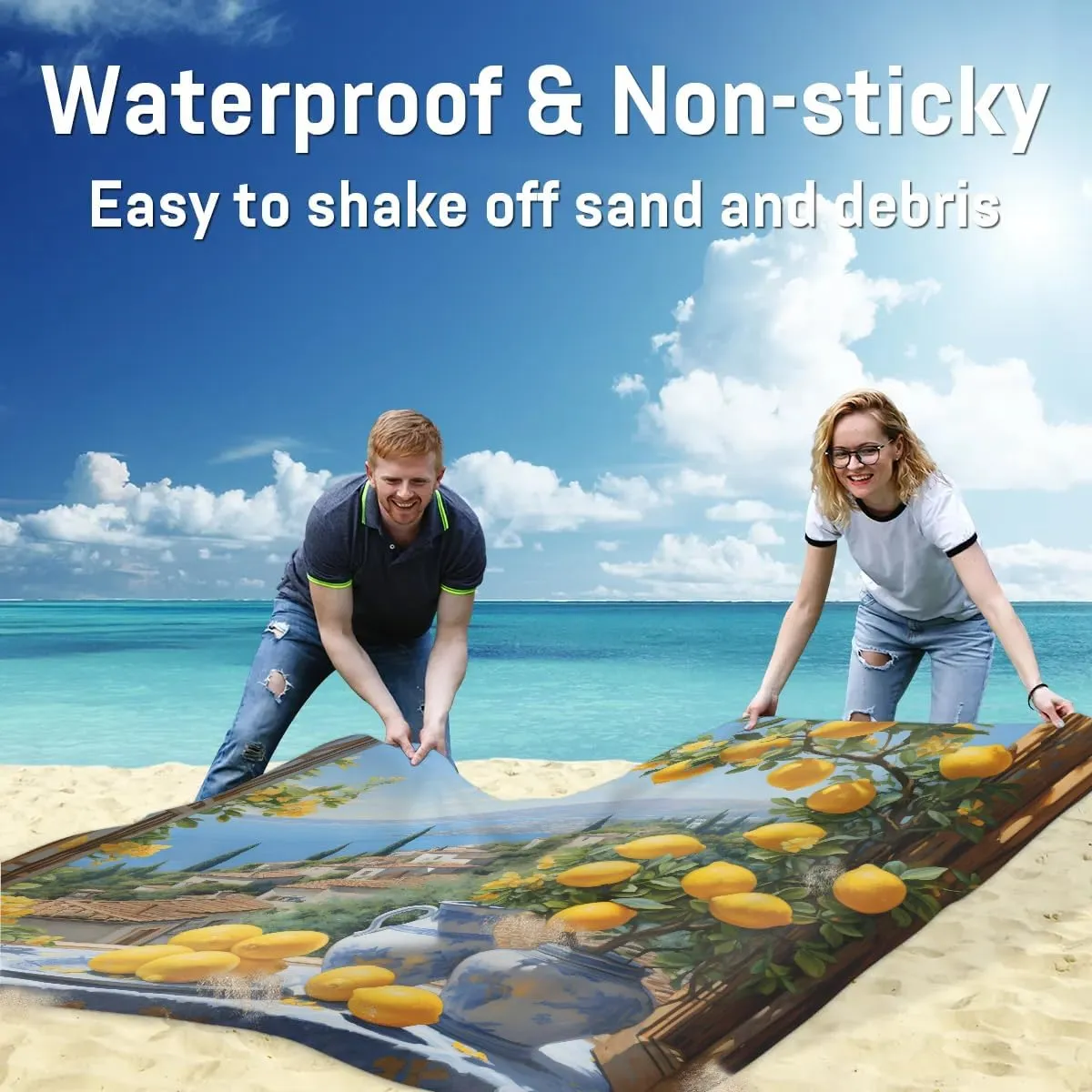 Vase Lemon Beach Blanket, Sandproof Beach Mat, 68 x 59 Waterproof Quick Drying Sand Free Mat with 4 x Ground Spikes for Outdoor Travel Camping Hiking, Spring Lemon