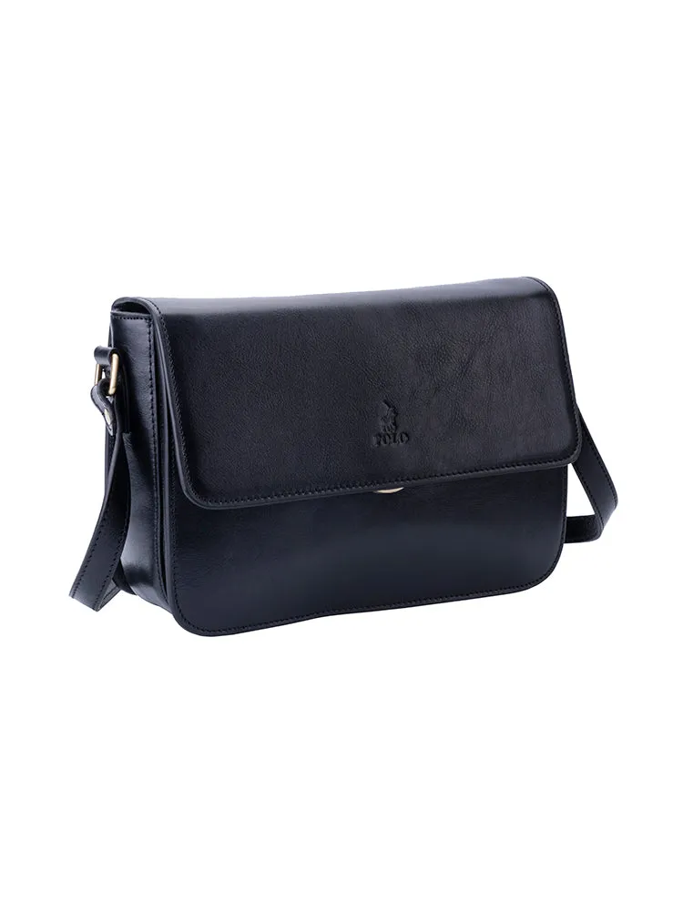 Vega Leather Flapover Sling Bag - Black