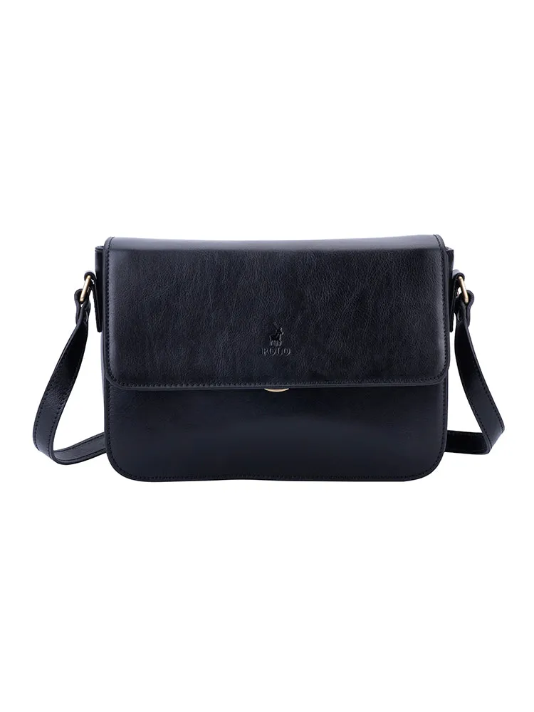 Vega Leather Flapover Sling Bag - Black