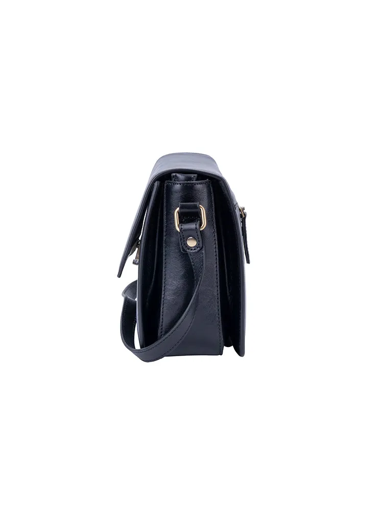 Vega Leather Flapover Sling Bag - Black