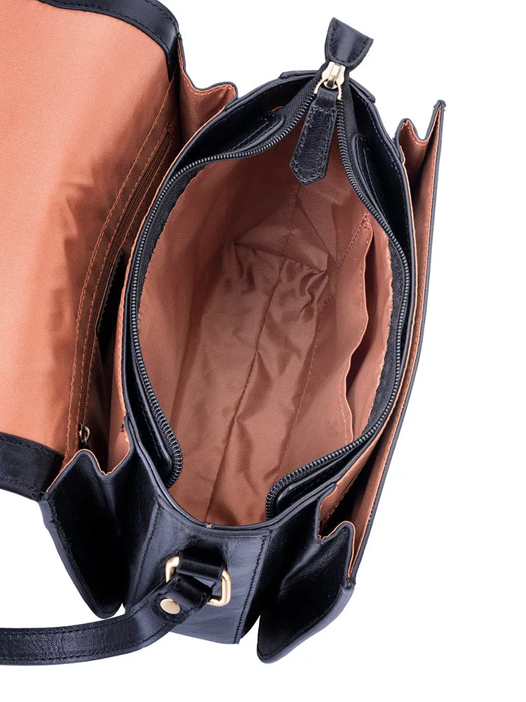 Vega Leather Flapover Sling Bag - Black