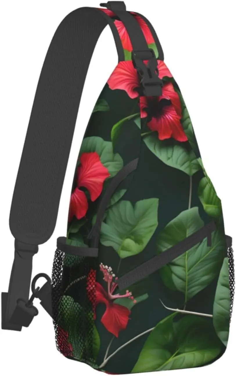 Vegetation Leaves with Hibiscus Flowers Print Stylish Sling Backpack, Sling Bag,Chest Bag Daypack, for Hiking, Travel, and Business
