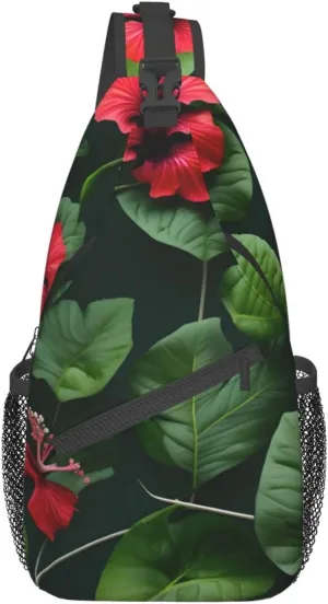 Vegetation Leaves with Hibiscus Flowers Print Stylish Sling Backpack, Sling Bag,Chest Bag Daypack, for Hiking, Travel, and Business