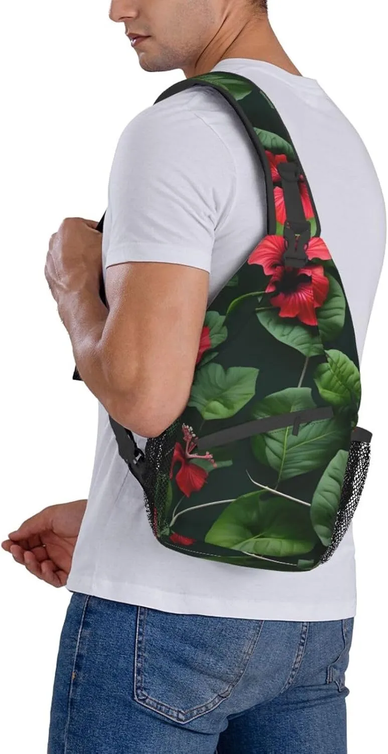 Vegetation Leaves with Hibiscus Flowers Print Stylish Sling Backpack, Sling Bag,Chest Bag Daypack, for Hiking, Travel, and Business
