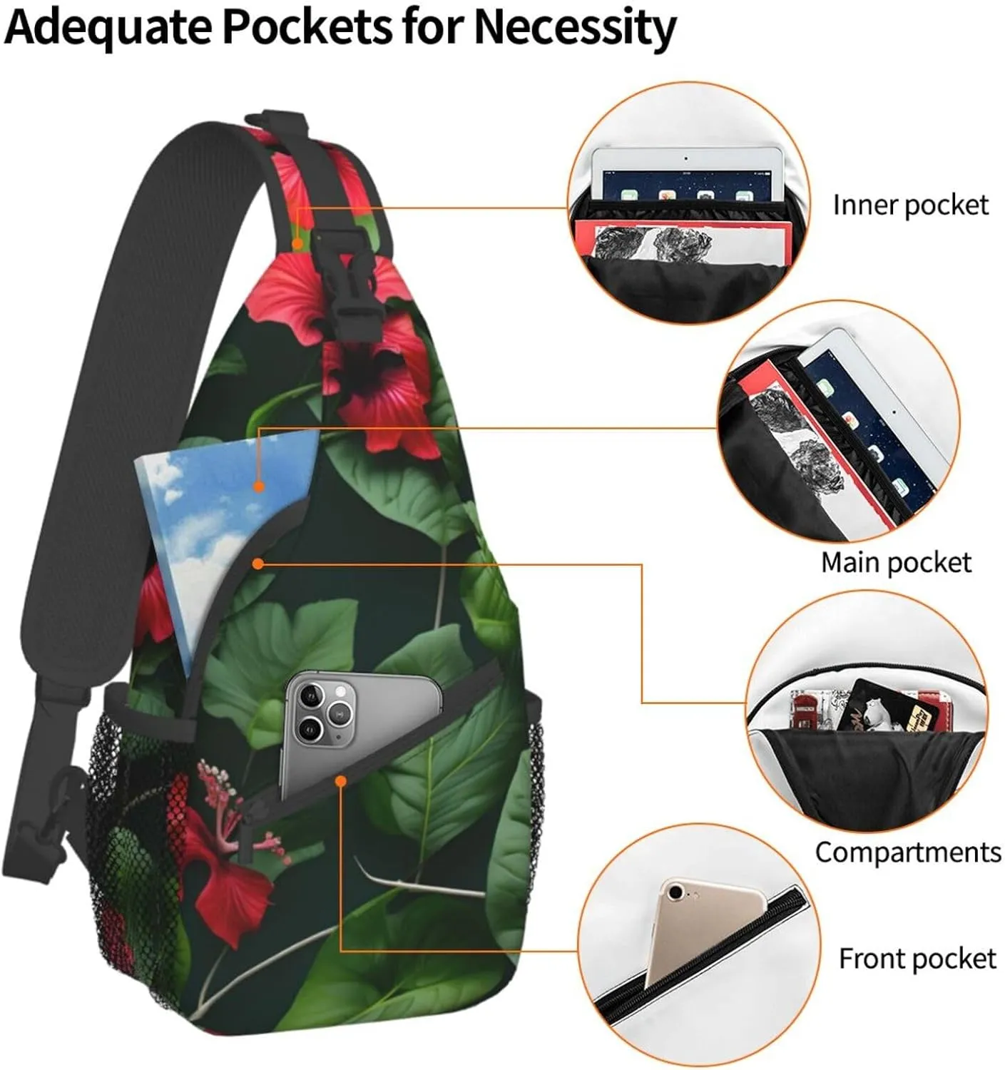Vegetation Leaves with Hibiscus Flowers Print Stylish Sling Backpack, Sling Bag,Chest Bag Daypack, for Hiking, Travel, and Business