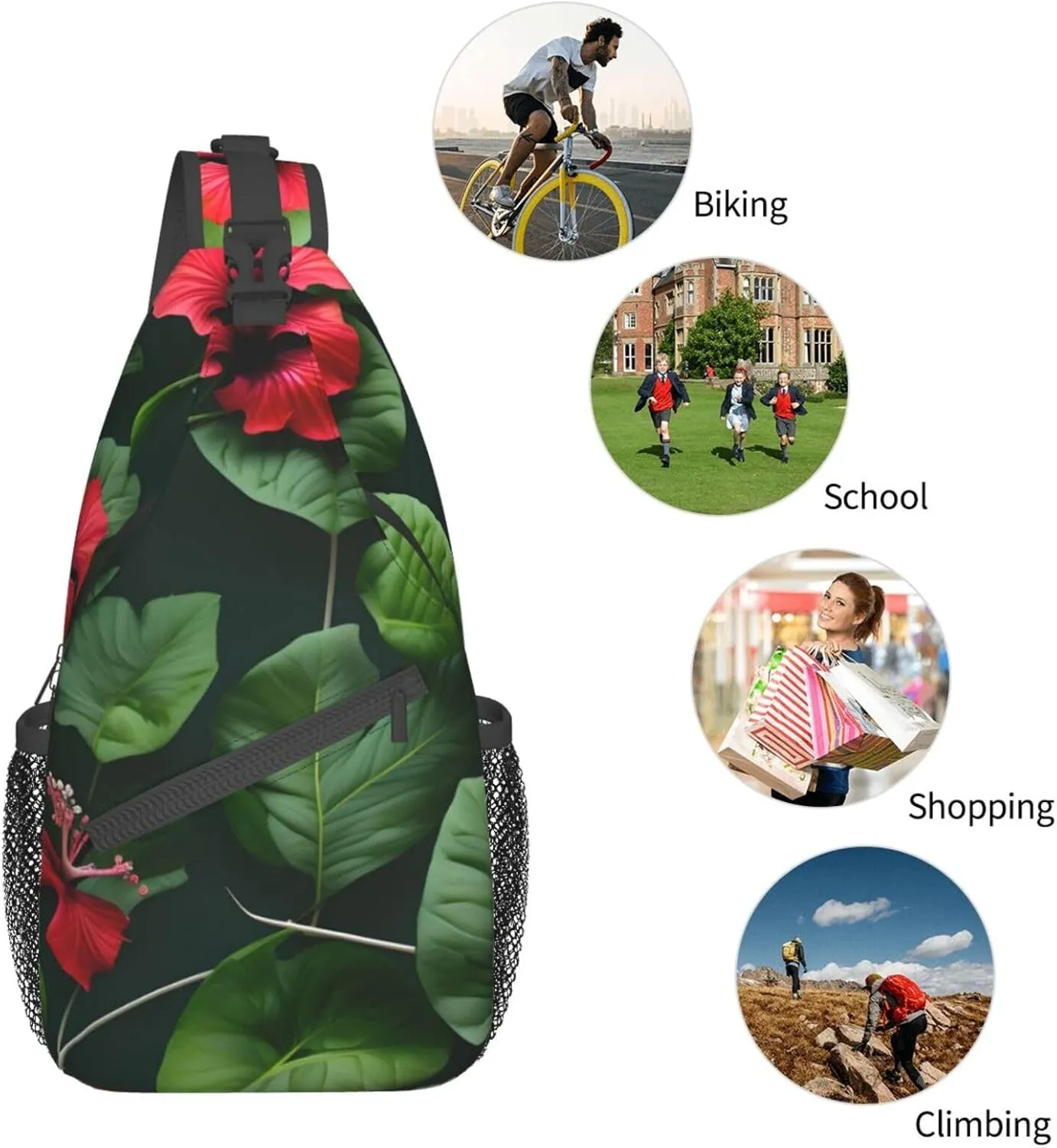 Vegetation Leaves with Hibiscus Flowers Print Stylish Sling Backpack, Sling Bag,Chest Bag Daypack, for Hiking, Travel, and Business