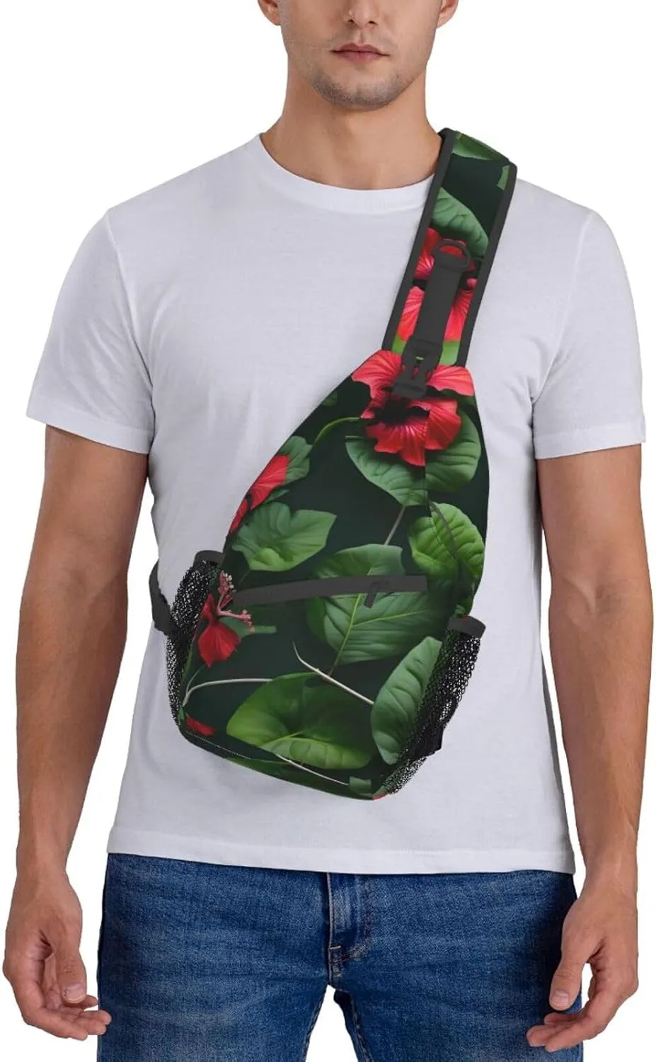 Vegetation Leaves with Hibiscus Flowers Print Stylish Sling Backpack, Sling Bag,Chest Bag Daypack, for Hiking, Travel, and Business