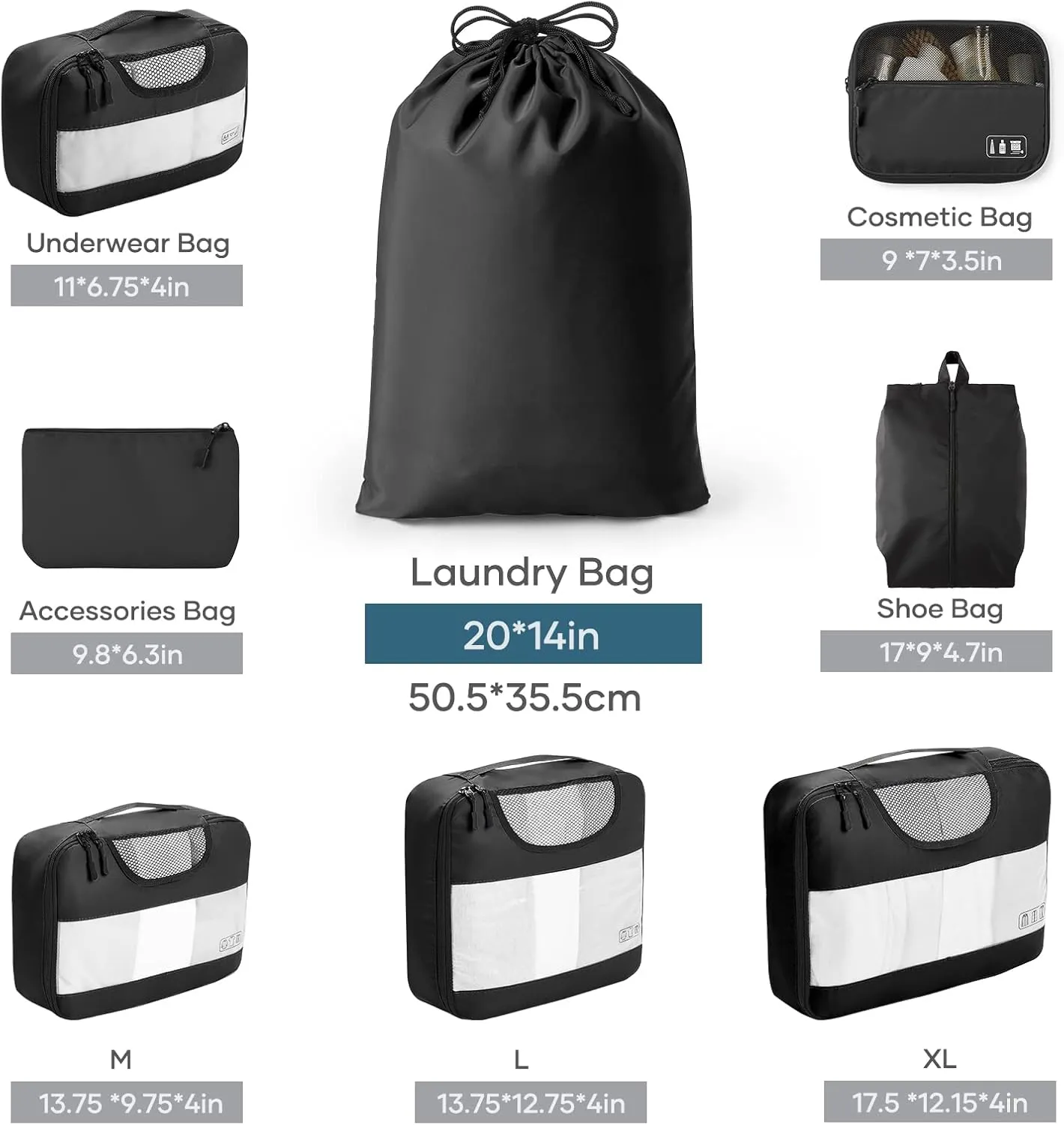 Veken 8 Set Packing Cubes for Suitcases, Travel Essentials for Carry on, Luggage Organizer Bags Set for Travel Accessories in 4 Sizes (Extra Large, Large, Medium, Small), Black (Pack of 2)