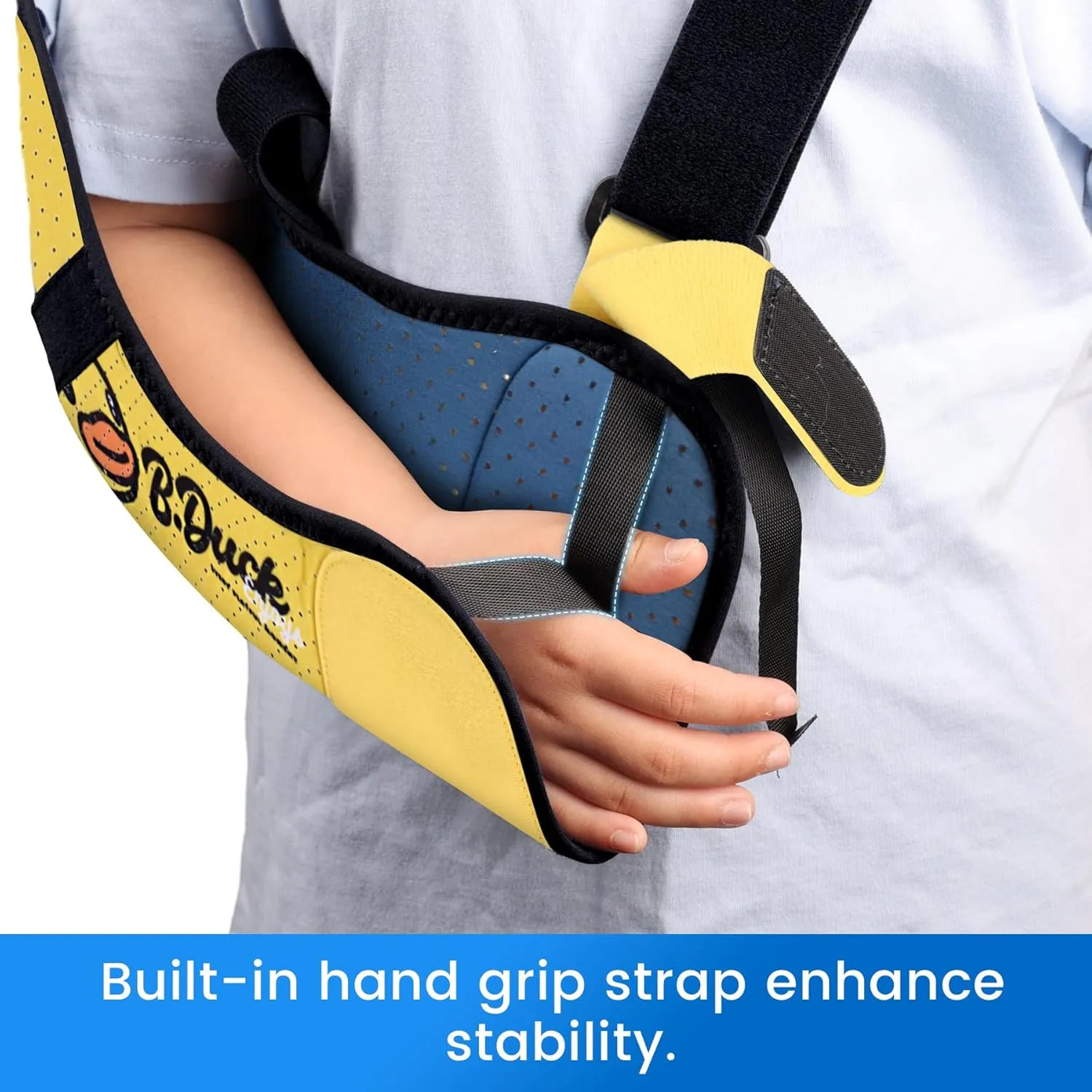 Velpeau Kids Arm Sling Shoulder Immobilizer with Waist Strap, Sponge Filled Design, Arm Support Brace for Children, Boys, Girls (Comfort Version, Duck Print, Right, 2XS: Bust 19″-23.5″)
