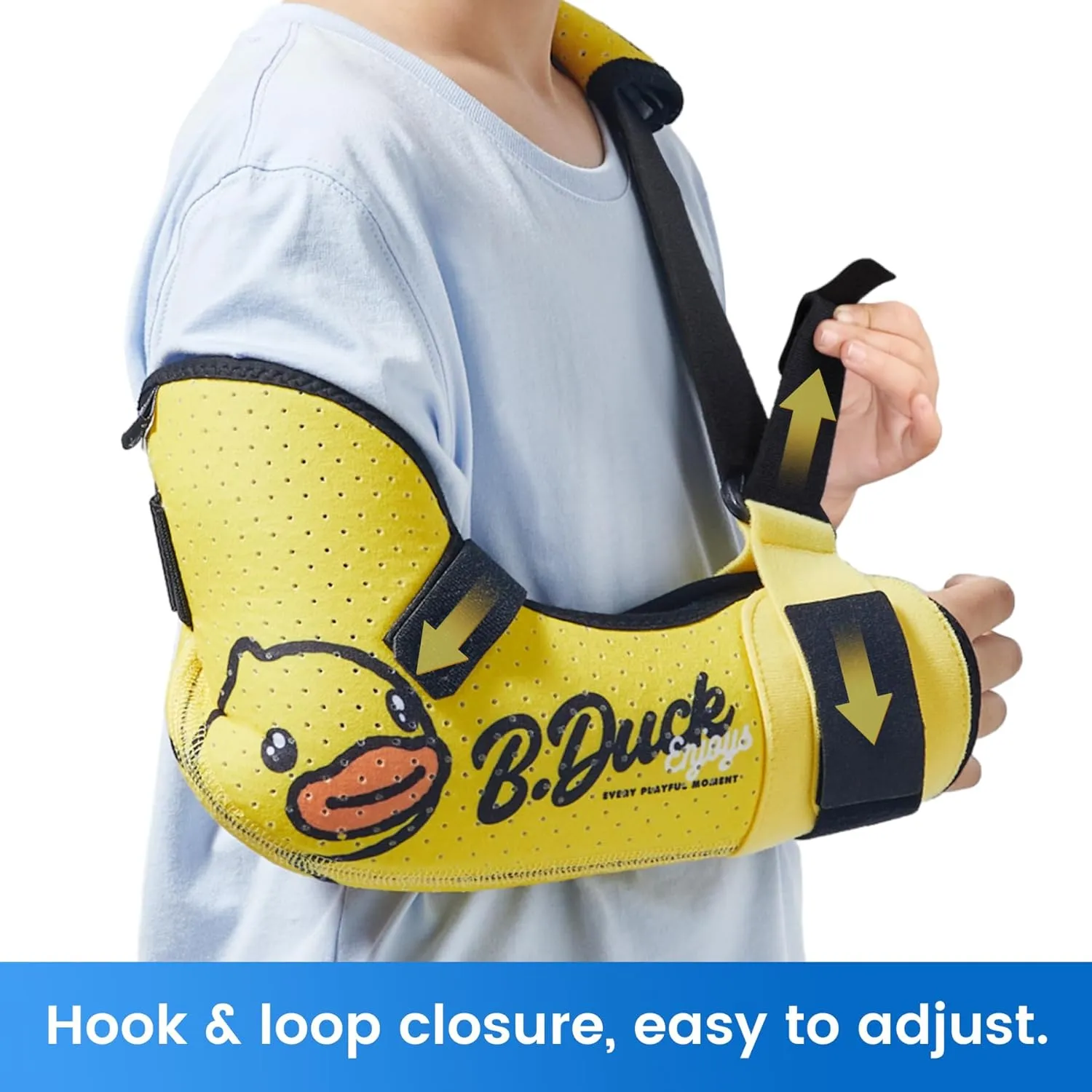 Velpeau Kids Arm Sling Shoulder Immobilizer with Waist Strap, Sponge Filled Design, Arm Support Brace for Children, Boys, Girls (Comfort Version, Duck Print, Right, 2XS: Bust 19″-23.5″)